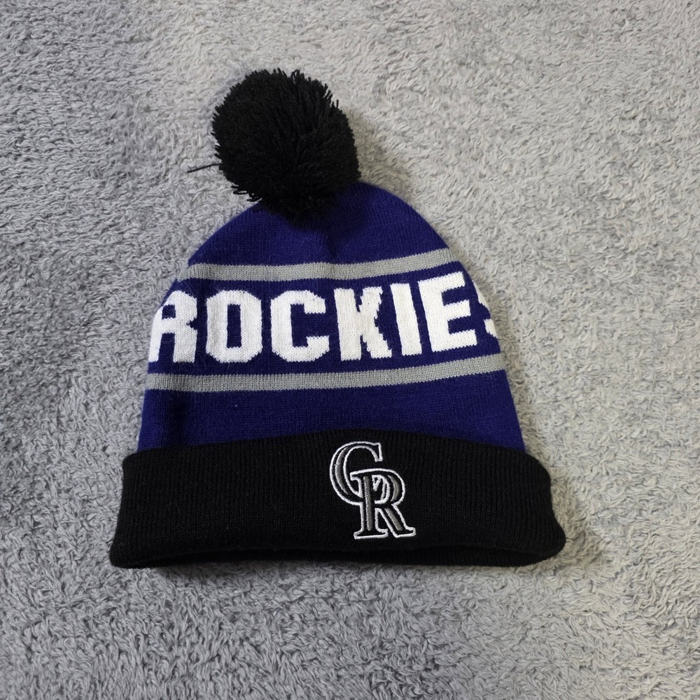 MLB Mens OSFA Colorado Rockies Beanie Purple Black Cuffed Pom Knit Hat Logo - Picture 1 of 6